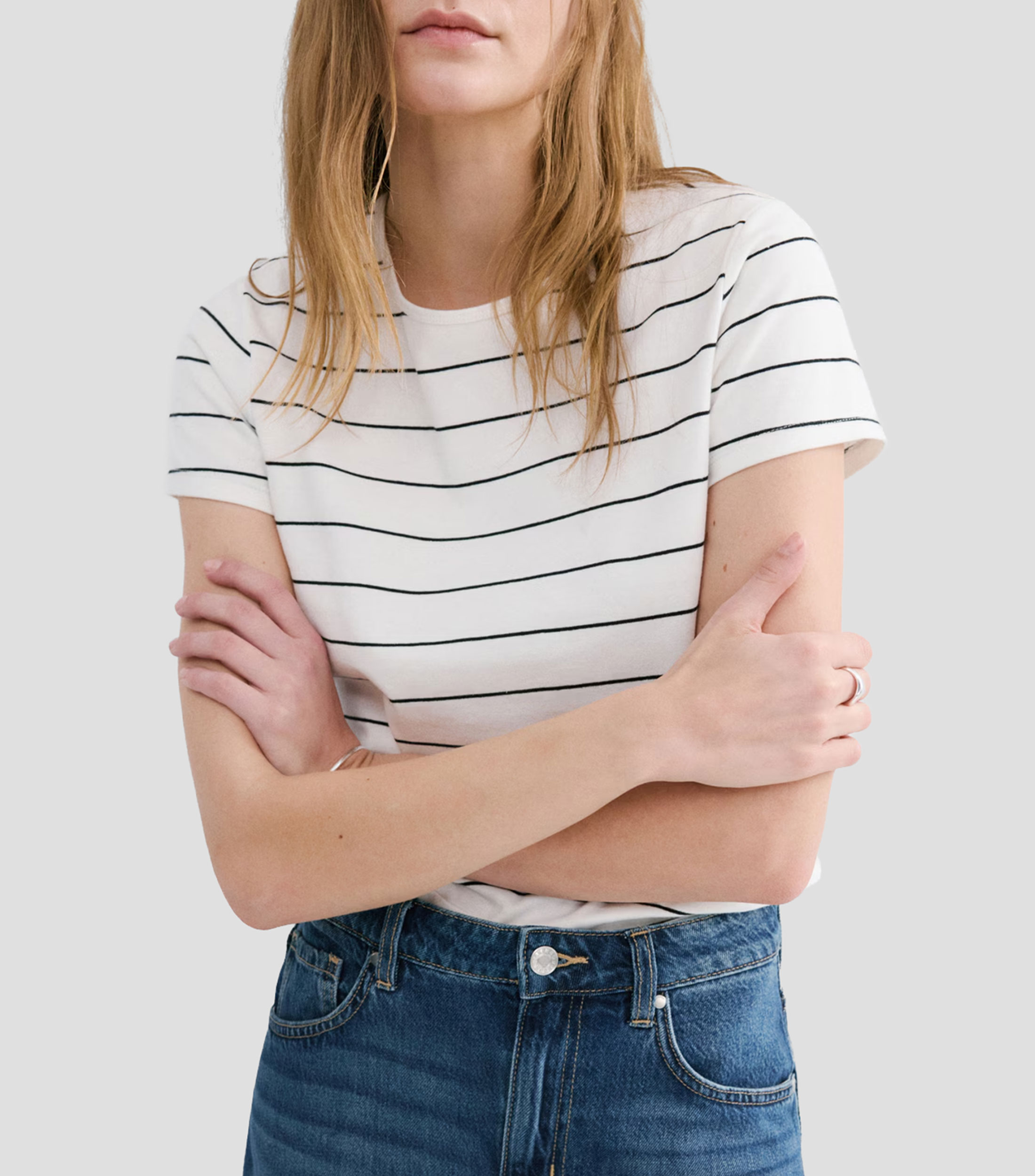 Playera cuello redondo manga corta a rayas Mujer